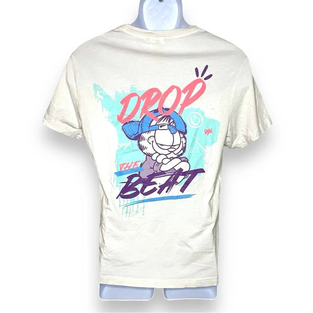 H&M Garfield Drop the Beat Graphic T-Shirt Small | Beige Cotton Tee - Picture 9 of 9